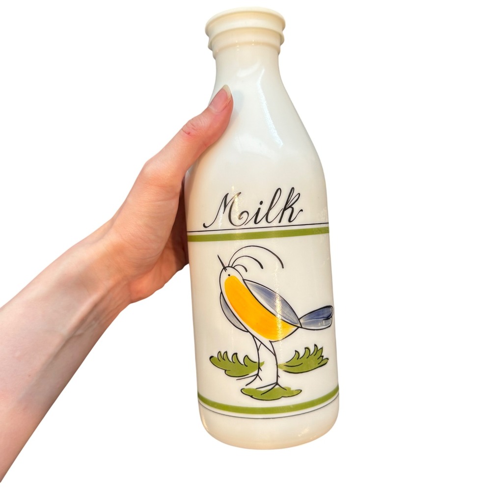 Vintage Egizia White Milk Glass Bottle 10" Bird Design Italian Made with Cap